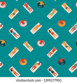 Summer joy seamless pattern in vector. People relaxing in the swimming pool illustration.