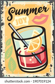 Summer joy tropical theme with exotic juice, fruits,  lips and plants. Retro sign design summer activities. Relaxation and vacation vector illustration. Smoothie label.