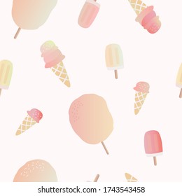 Summer joyful seamless pattern for typography print on paper or textile. Set of cotton candy, ice cream and popsicle. Vector design in flat style.