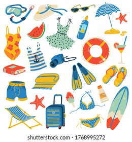 summer joyful set of objects for enjoying vacation - diving mask, summer hat, swimming suit, beach chair, sunscreen cream, dress, shorts, marina t-shirt, icecream, sunglasses - vector illustration