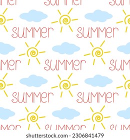 Patrón veraniego alegre y soleado sin costuras. Sol de fondo, nubes y palabras de verano. Impresión de vacaciones para tela, textil, papel y diseño, ilustración vectorial