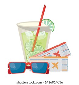 Summer juice cup tickets and sunglasses cartoons vector illustration graphic design