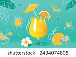 Summer juice drink vector design. Summer tropical lemon and orange fruit flavor in glass beverage for season refreshment drink promotion. Vector illustration summer juice seasonal promotion. 
