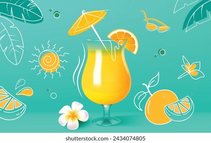 Summer juice drink vector design. Summer tropical lemon and orange fruit flavor in glass beverage for season refreshment drink promotion. Vector illustration summer juice seasonal promotion. 
