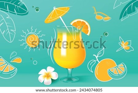 Summer juice drink vector design. Summer tropical lemon and orange fruit flavor in glass beverage for season refreshment drink promotion. Vector illustration summer juice seasonal promotion. 
