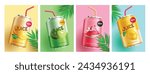 Summer juice drink vector set design. Juice drink in can collection with orange, kiwi, watermelon and juice flavors for summer 3d realistic soda refreshment design. Vector illustration summer juice 