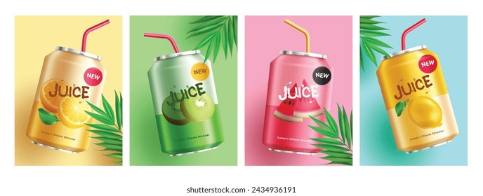 Summer juice drink vector set design. Juice drink in can collection with orange, kiwi, watermelon and juice flavors for summer 3d realistic soda refreshment design. Vector illustration summer juice 