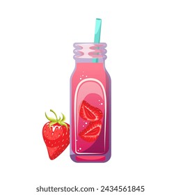 Summer juice, smoothie, cocktail. Healthy smoothie with strawberries. Organic detox juice, fresh berry smoothie. Vector illustration.