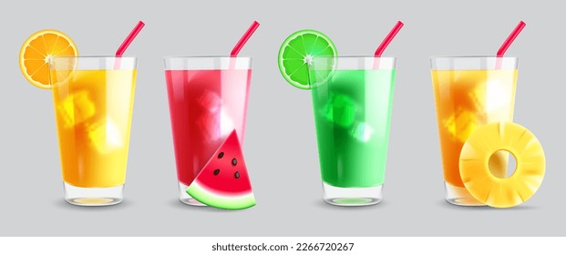 Summer juice vector set design. Summer fruit drinks, iced soda and refreshing lemonade glasses. Vector illustration fruit drinks collection. 