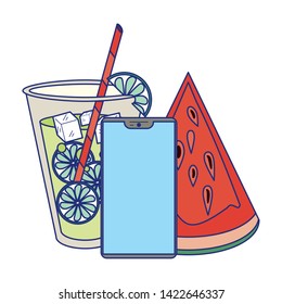 Summer juice and watermelon with smartphone cartoon vector illustration graphic design