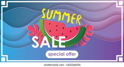 Summer juicy abstract vector background design with waves and watermelon. Quality vector illustration for poster, banner, flyer, website or greeting card