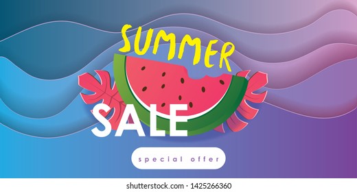 Summer juicy abstract vector background design with waves and watermelon. Quality vector illustration for poster, banner, flyer, website or greeting card