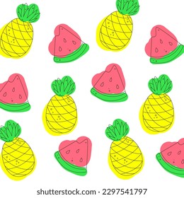 Summer juicy and bright pattern with pineapple and watermelon, flat illustration, doodle style