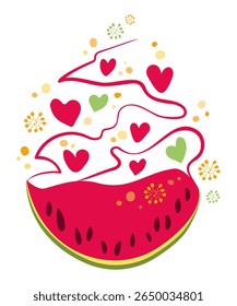 Summer juicy dessert from red watermelon. Refreshing bright taste is expressed by hearts and circles of bokeh different transparency. Vector isolated stylized drawing in flat style. Cafe, restaurant