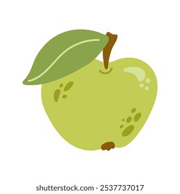 Summer juicy green apple with leaf. Hand drawn cartoon fruit illustration.