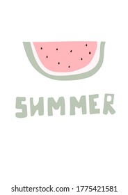 Summer juicy green lettering with watermelon illustration. Hand drawn cards with text . Vector illustration bright summer banners 