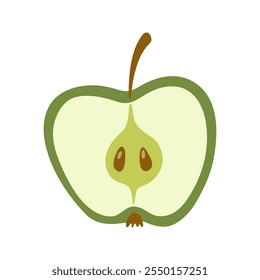 O verão suculento dividiu a maçã verde pela metade com caule e sementes. Ilustração desenhada à mão de frutas de desenho animado.