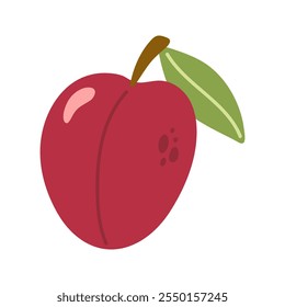 Ameixa maroon suculenta de verão com folha. Ilustração desenhada à mão de frutas de desenho animado. 