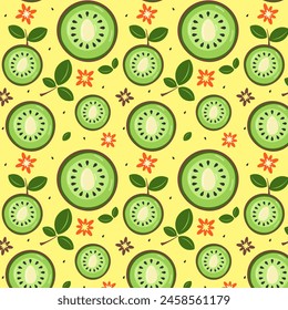 A summer, juicy pattern with kiwi in the cut, flowers in the flat style
