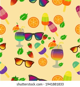 Summer, juicy seamless pattern. A set of vector images consisting of sunglasses, strawberry, orange, cocktail and ice cream.