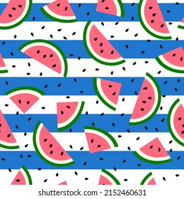 Summer juisy seamless pattern. Colorful background with watermelon pieces. Cute cartoon hand drawn flat vector illustration. Bright and fun print for fabric, paper, goods, home textile