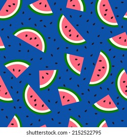 Summer juisy seamless pattern. Colorful background with watermelon pieces. Cute cartoon hand drawn flat vector illustration. Bright and fun print for fabric, paper, goods, home textile