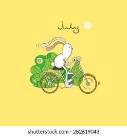 In the summer, in July midday, the hare slides  bicycle by the wood.