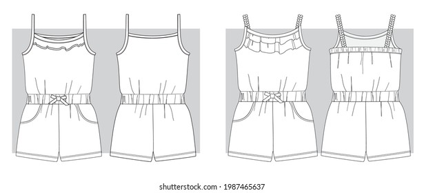 Summer jumpsuit basic collection set of technical sketches