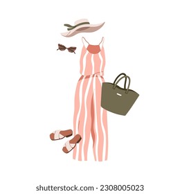 Summer jumpsuit, beach hat, tote bag, sunglasses and sandals. Modern women outfit set. Fashion stylish apparel, casual clothes and accessory. Flat vector illustration isolated on white background