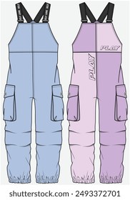 SUMMER  JUMPSUIT PLAYSUIT  WITH UTILITY POCKET AND KNIFE PLEAT KNEE PLACEMENT DETAIL  DESIGNED FOR TEEN GIRLS AND KID GIRLS IN VECTOR FILE