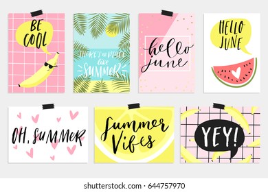 Summer June greeting cards and posters collection. Fun elements, hand drawn lettering, textures set. Sale banners, wallpaper, flyers, invitation, posters, brochure, voucher discount, ticket design.