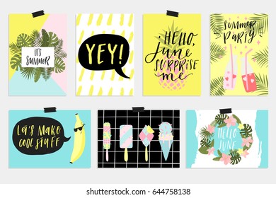 Summer June greeting cards and posters collection. Fun elements, hand drawn lettering, textures set. Sale banners, wallpaper, flyers, invitation, posters, brochure, voucher discount, ticket design.