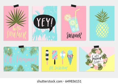 Summer June greeting cards and posters collection. Fun elements, hand drawn lettering, textures set. Sale banners, wallpaper, flyers, invitation, posters, brochure, voucher discount, ticket design