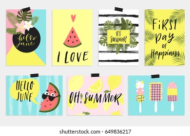 Summer June greeting cards and posters collection. Fun elements, hand drawn lettering, textures set. Sale banners, wallpaper, flyers, invitation, posters, brochure, voucher discount, ticket design