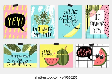 Summer June greeting cards and posters collection. Fun elements, hand drawn lettering, textures set. Sale banners, wallpaper, flyers, invitation, posters, brochure, voucher discount, ticket design