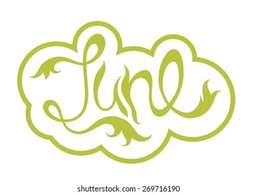 Summer June month hand drawn lettering isolated on white. Green logo.