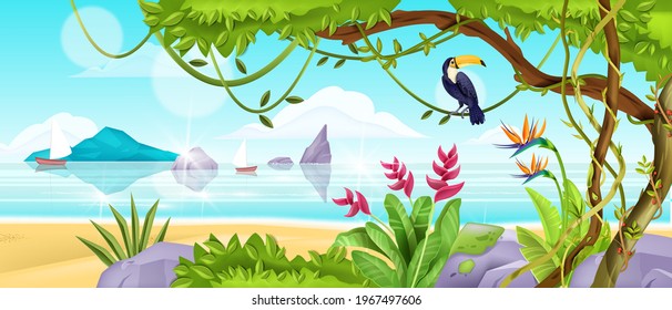 El paisaje de la playa de la jungla de verano, el fondo vectorial de la isla tropical, el océano, la arena, el tucán, la liana, el árbol. Paraíso a orillas del mar, tapicería exótica, rocas, botes, cielo, nubes. Paisaje de playa horizontal