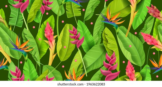 Summer jungle, exotic flower vector green seamless pattern, tropical floral background, banana leaves. Nature Hawaii botanical texture, spring Brazil ornament backdrop. Jungle pattern, forest design