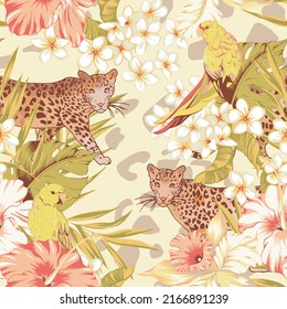 Summer jungle flowers digital pattern. Parrots, leopards, pink hibiscus, yellow orchids, tropical leaves on transparent background. Floral pattern for textile or wallpaper. 