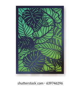 Summer jungle foliage greeting card. Palm leaves laser cut illustration.