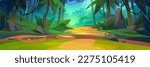 Summer jungle forest landscape with magic sunlight beam. Mysterious wild vector illustration with sun light ray, liana on palm trees and glade. Tropical meadow with rock on ground and green plants
