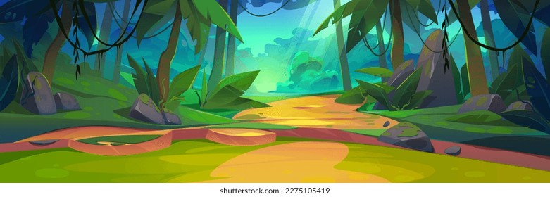 Summer jungle forest landscape with magic sunlight beam. Mysterious wild vector illustration with sun light ray, liana on palm trees and glade. Tropical meadow with rock on ground and green plants