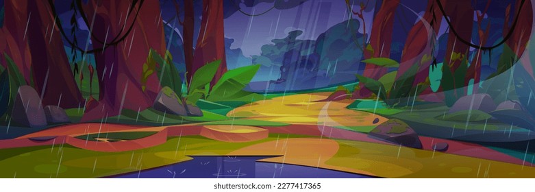 Summer jungle forest rainy landscape with puddle. Mysterious wild vector illustration with wind and rain drops, liana on trees and glade. Meadow with rock on ground and green plants at wet weather