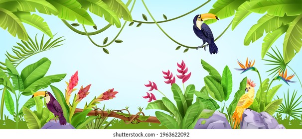 Summer jungle frame, tropical nature bird background, parrot, toucan, banana and palm leaves, liana. Paradise wildlife Hawaii exotic illustration, Amazon environment landscape. Jungle frame with stone