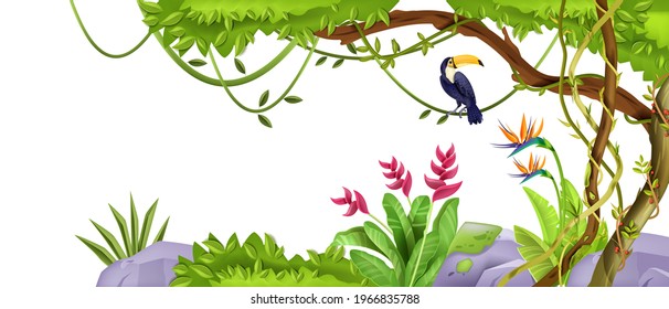 Summer jungle landscape frame, tropical tree, toucan, liana, green vegetation, paradise flowers, isolated. Exotic nature environment background, Hawaii rainforest branches. Jungle frame, vines, leaves