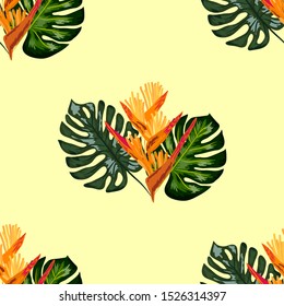 Summer jungle pattern with tropical flowers heliconia or lobster-claw background. Perfect for wallpapers, pattern fills, web page backgrounds, surface textures, textile