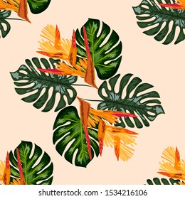 Summer jungle pattern with tropical flowers heliconia or lobster-claw background. Perfect for wallpapers, pattern fills, web page backgrounds, surface textures, textile