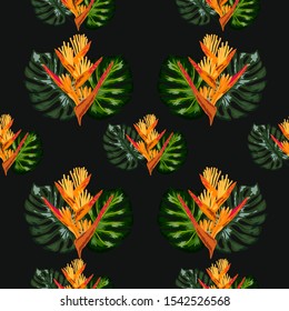 Summer jungle pattern with tropical flowers heliconia or lobster-claw background. surface textures, textile