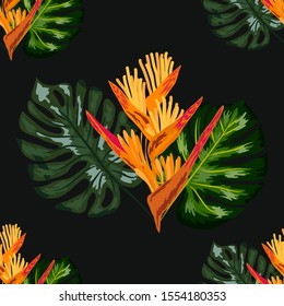 Summer jungle pattern with tropical flowers heliconia or lobster-claw background. Perfect for wallpapers, pattern fills, web page backgrounds, surface textures, textile