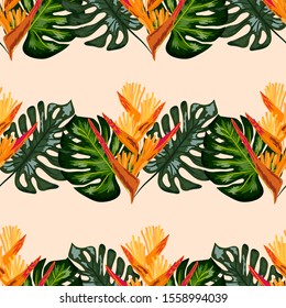 Summer jungle pattern with tropical flowers heliconia or lobster-claw background. surface textures, textile